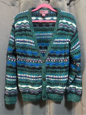 Teal Multi-Stripe V-Neck Button Sweater Cardigan